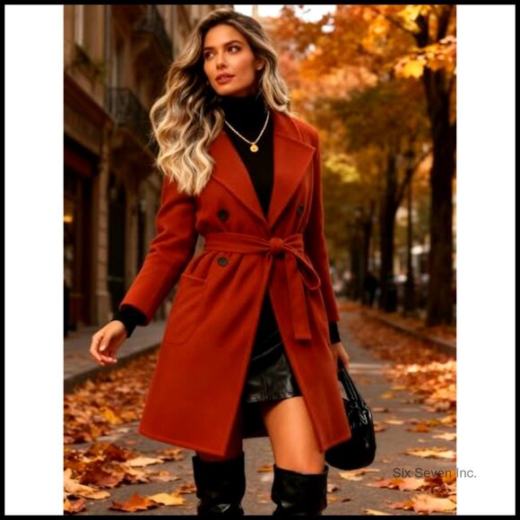 Winter Wool Pea Coat Double Breasted Belted Long Jacket - Picture 7 of 7